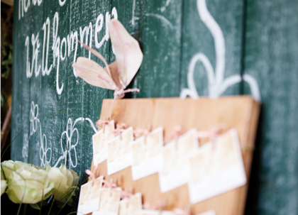 Hochzeits-Sitzpaln: vor alter Tafelwand, kleine Karten mit Tischnummern und den Gastnamen, an rosé Schleifen auf einer Holzplatte befestigt